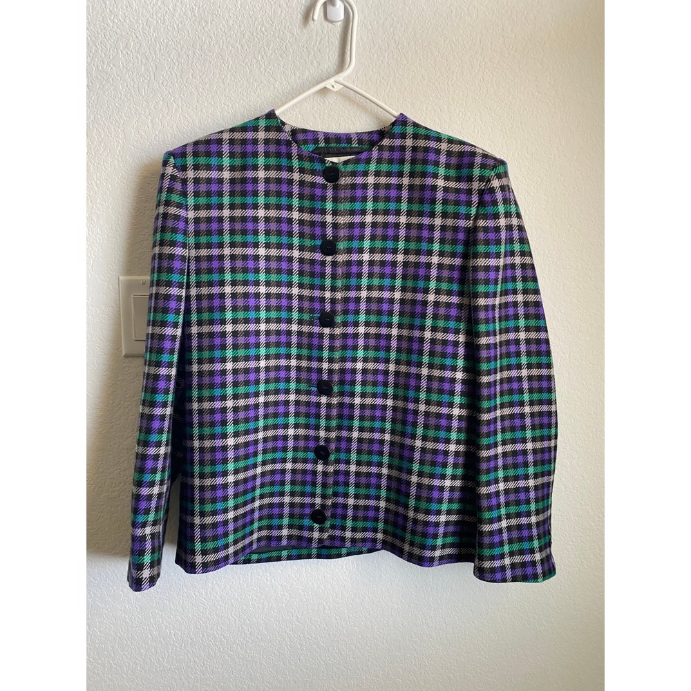 Jaeger Women Plaid Check Vintage Button Up Jacket Size 6 Purple Green Academia